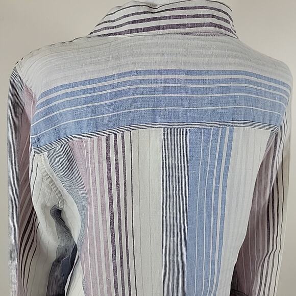 Chicos Linen Top Womens 2 White Pin Stripes Button Down No Iron Coastal Nautical - Picture 5 of 12